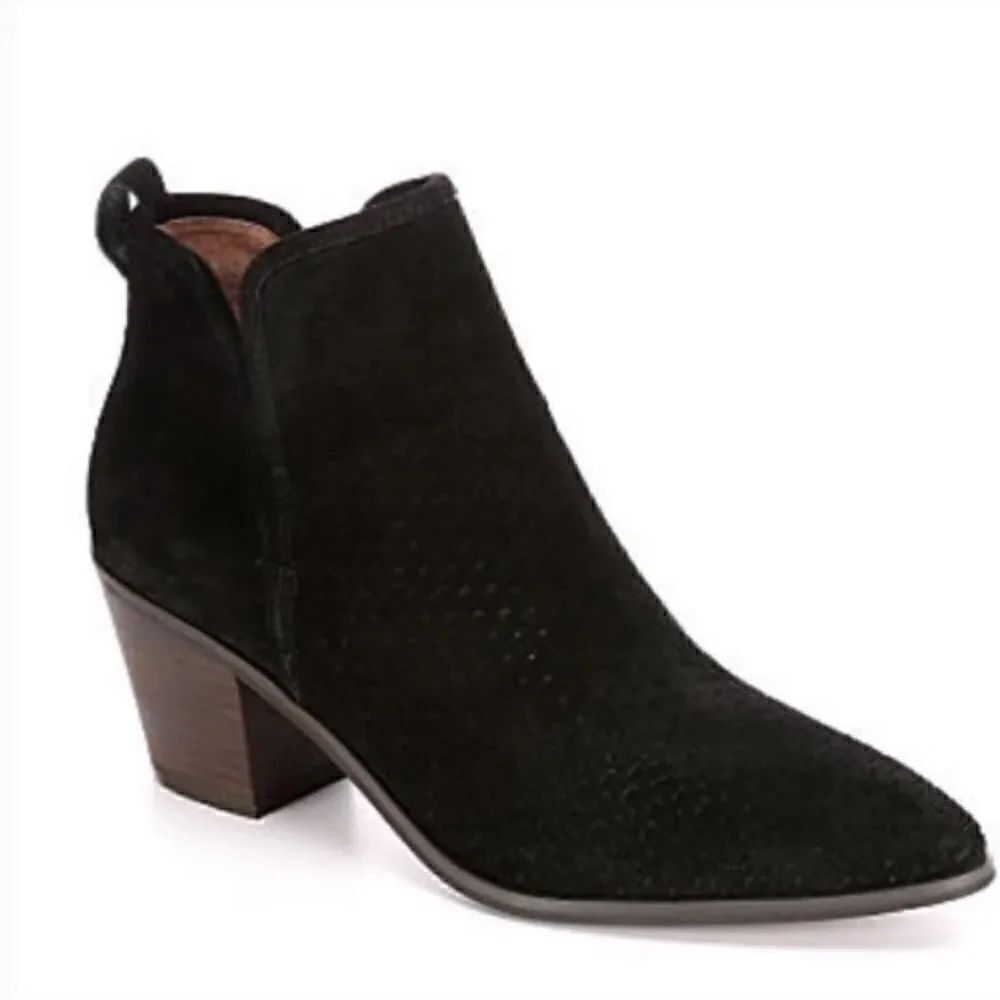 Lucky Brand- Loria Black Suede Leather Upper Heeled Booties Perforated, Size 8.5
